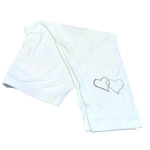 BEJEWELED BY SUSAN FIXEL WHITE CAPRI LEGGINGS W RED & SILVER RHINESTONE HEARTS